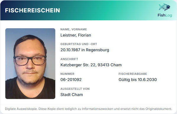 Profil & digitaler Fischereischein in FishLog (Bildschirmfoto)