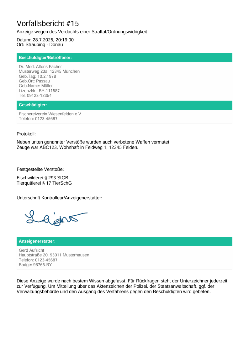 Vorfallsmanagement in FishLog (Bildschirmfoto)