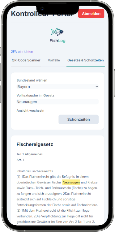 Gesetze in FishLog (Bildschirmfoto)