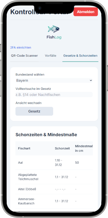 Gesetze in FishLog (Bildschirmfoto)