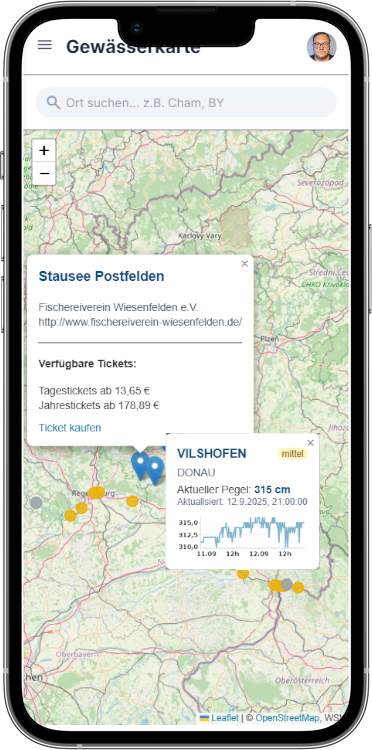 Gewässerkarte in FishLog (Bildschirmfoto)
