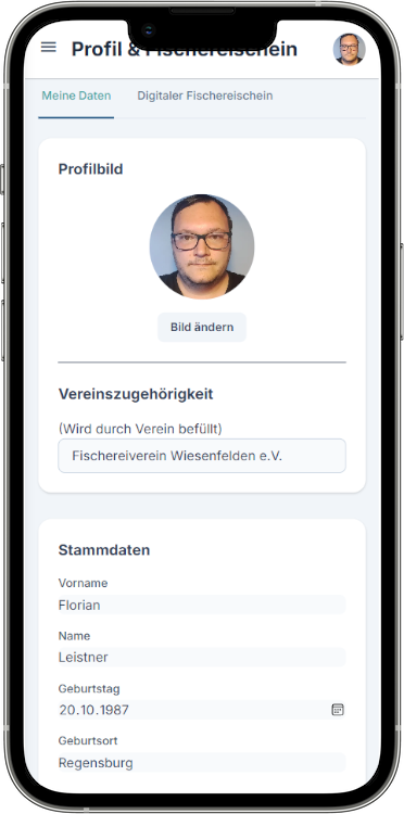Profil & digitaler Fischereischein in FishLog (Bildschirmfoto)