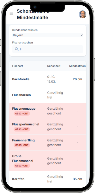 Schonzeiten & Schonmaße in FishLog (Bildschirmfoto)