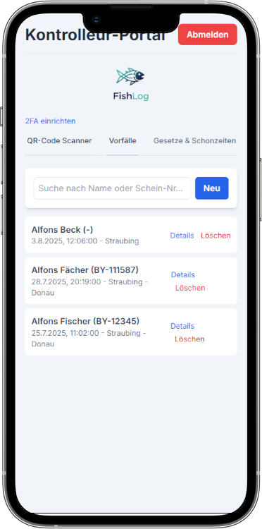 Vorfallsmanagement in FishLog (Bildschirmfoto)