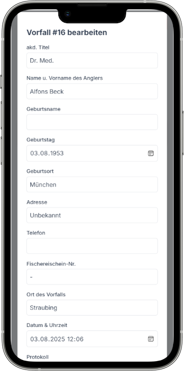 Vorfallsmanagement in FishLog (Bildschirmfoto)